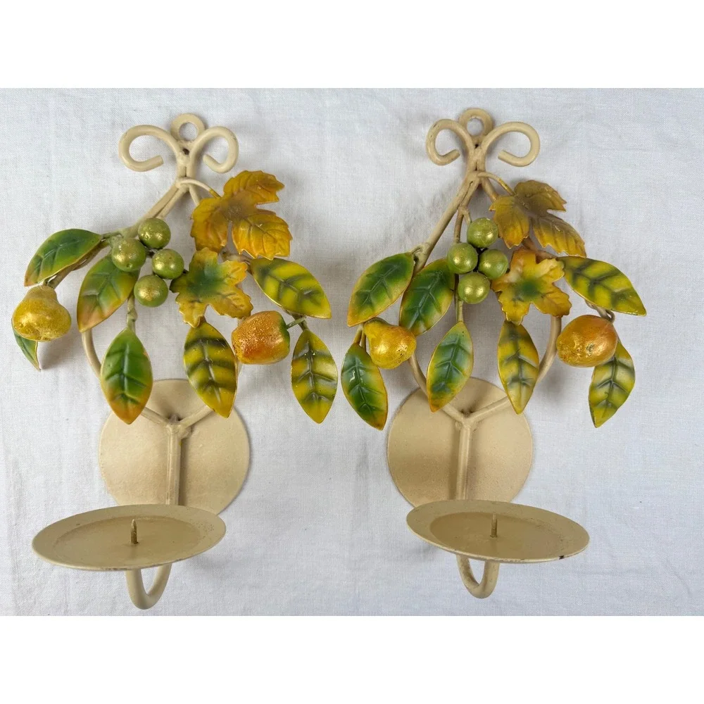 Vintage Italian Wall Sconce Set Cream Wrought Iron Pear Leaf Candle Holders